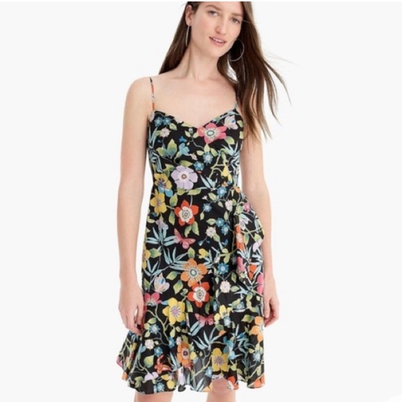 NWT J.Crew Ruffle Dress in Liberty Pavilion Black Floral Dress 00 - Picture 2 of 10